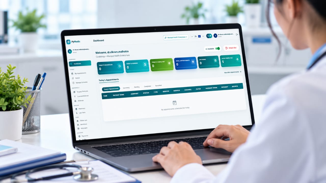 A doctor using the PyMedic dashboard on a laptop, showing today's appointments and queue