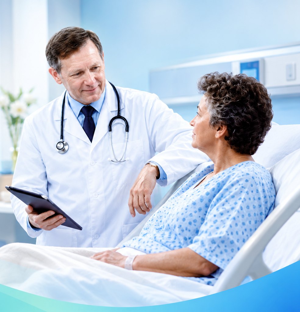 A doctor holding a tablet talks with a patient sitting up in a hospital bed