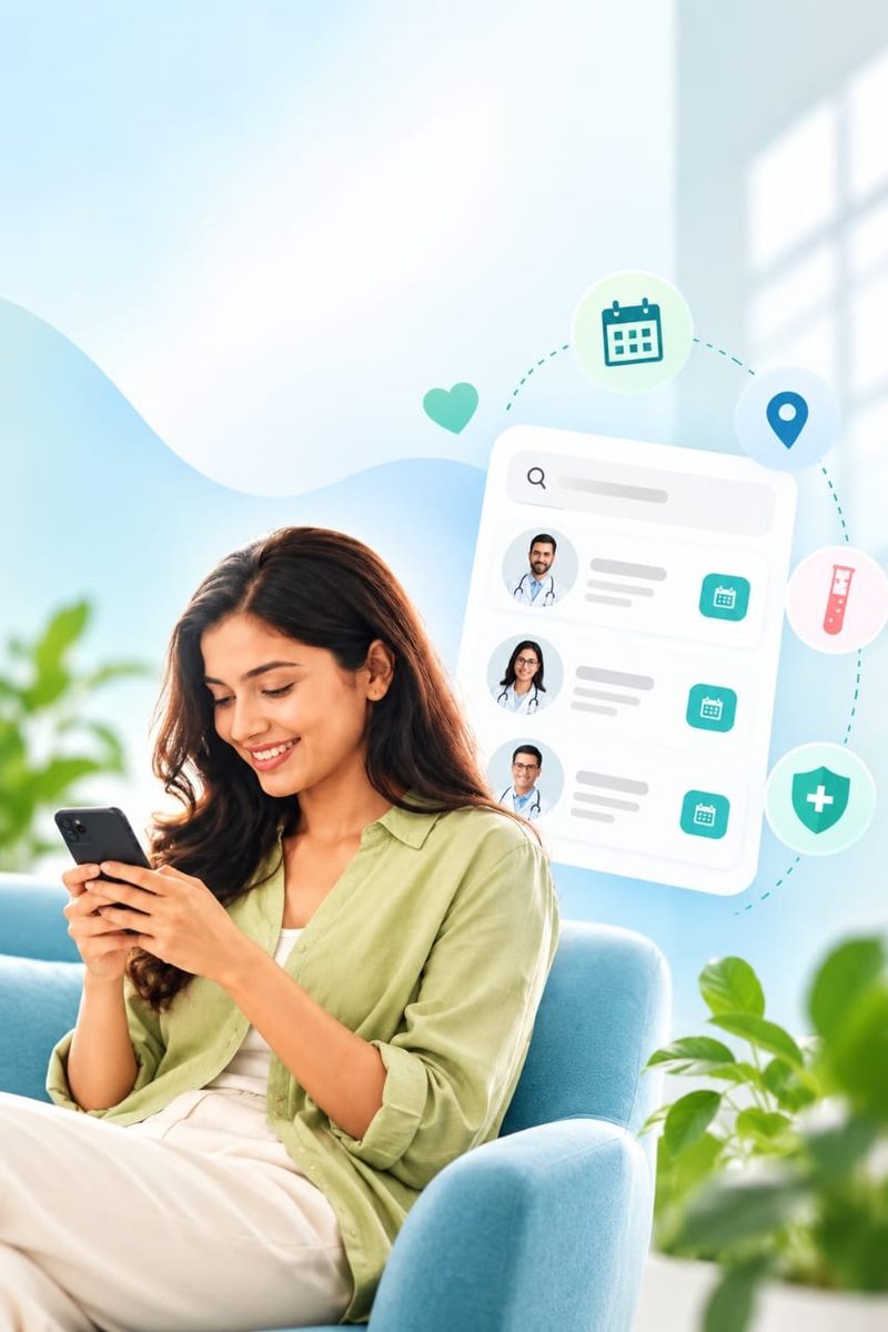 A patient on her phone browsing a list of doctors